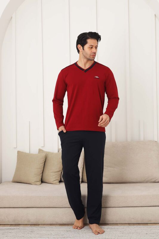 Erkek Pijama Takımı - Bordo Arma Nakışlı Likralı V Yaka Uzun Kollu Penye 1212UY - 1