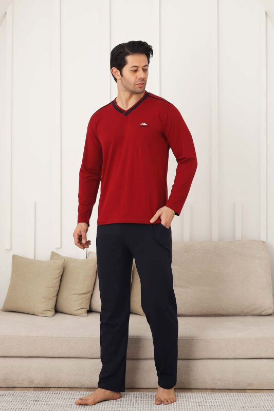 Erkek Pijama Takımı - Bordo Arma Nakışlı Likralı V Yaka Uzun Kollu Penye 1212UY - 2