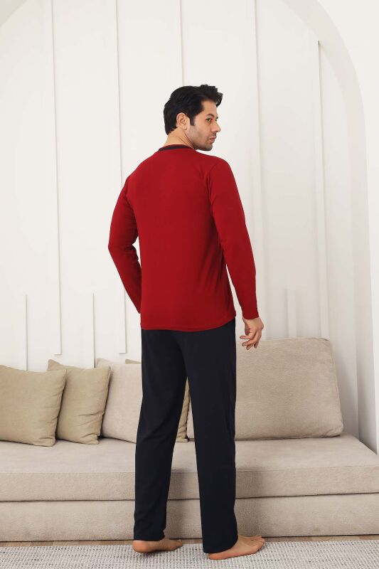 Erkek Pijama Takımı - Bordo Arma Nakışlı Likralı V Yaka Uzun Kollu Penye 1212UY - 4