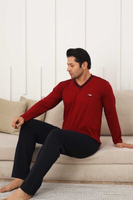 Erkek Pijama Takımı - Bordo Arma Nakışlı Likralı V Yaka Uzun Kollu Penye 1212UY - 3