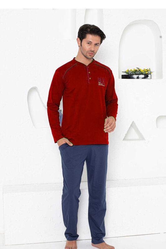 Erkek Pijama Takımı - Bordo Arma Nakışlı Uzun Kollu Penye 1187UY - 1