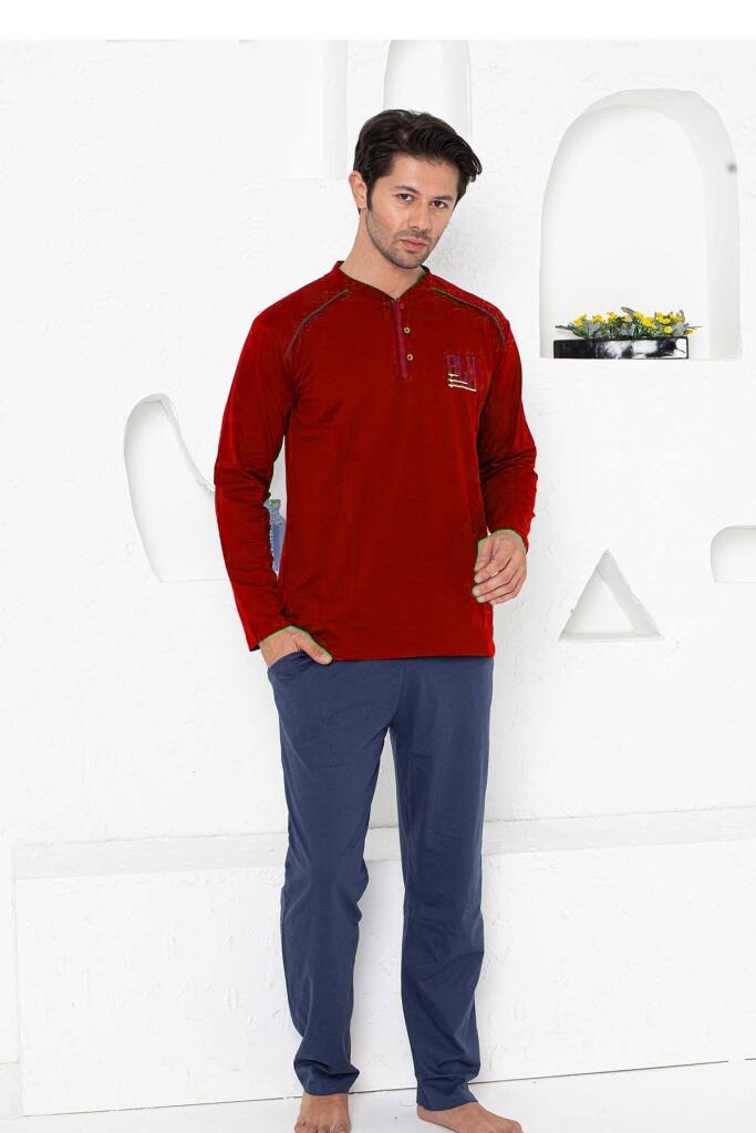 Erkek Pijama Takımı - Bordo Arma Nakışlı Uzun Kollu Penye 1187UY - 1