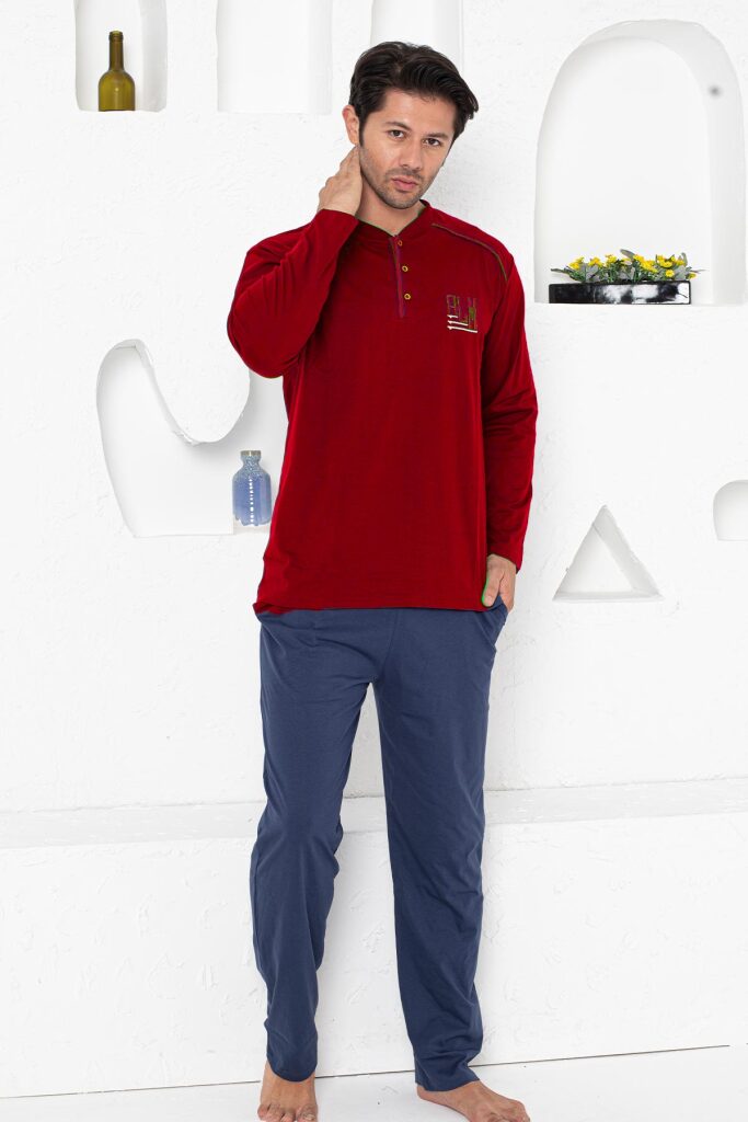 Erkek Pijama Takımı - Bordo Arma Nakışlı Uzun Kollu Penye 1187UY - 2