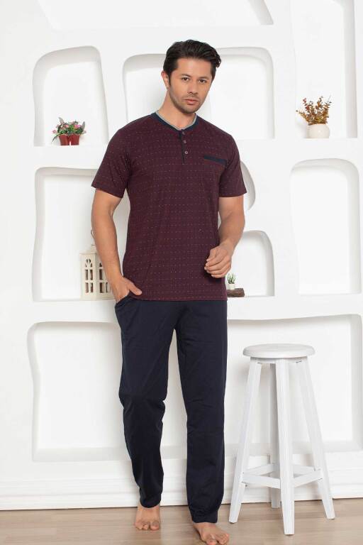Erkek Pijama Takımı - Bordo Mini Puan Desen Penye Kısa Kollu 1204KY - 1