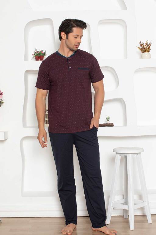 Erkek Pijama Takımı - Bordo Mini Puan Desen Penye Kısa Kollu 1204KY - 2