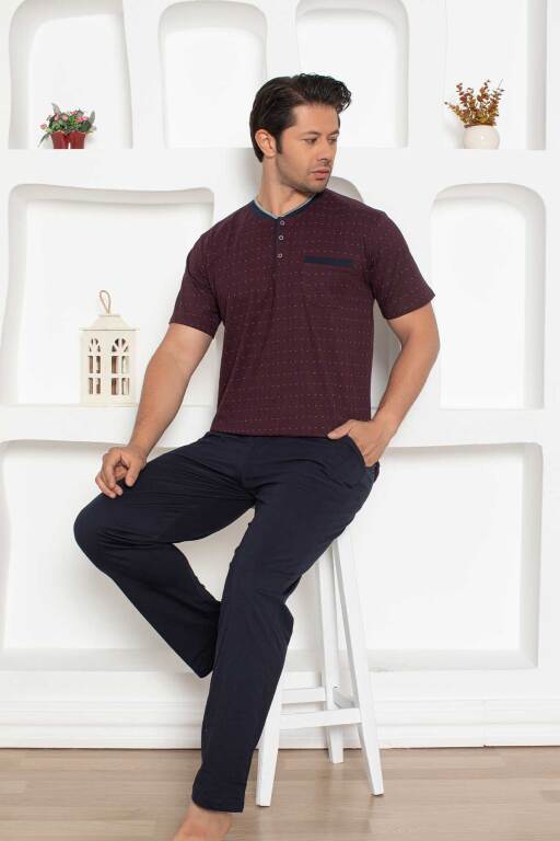 Erkek Pijama Takımı - Bordo Mini Puan Desen Penye Kısa Kollu 1204KY - 3