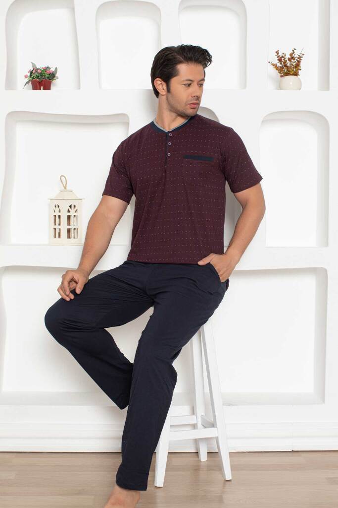 Erkek Pijama Takımı - Bordo Mini Puan Desen Penye Kısa Kollu 1204KY - 3