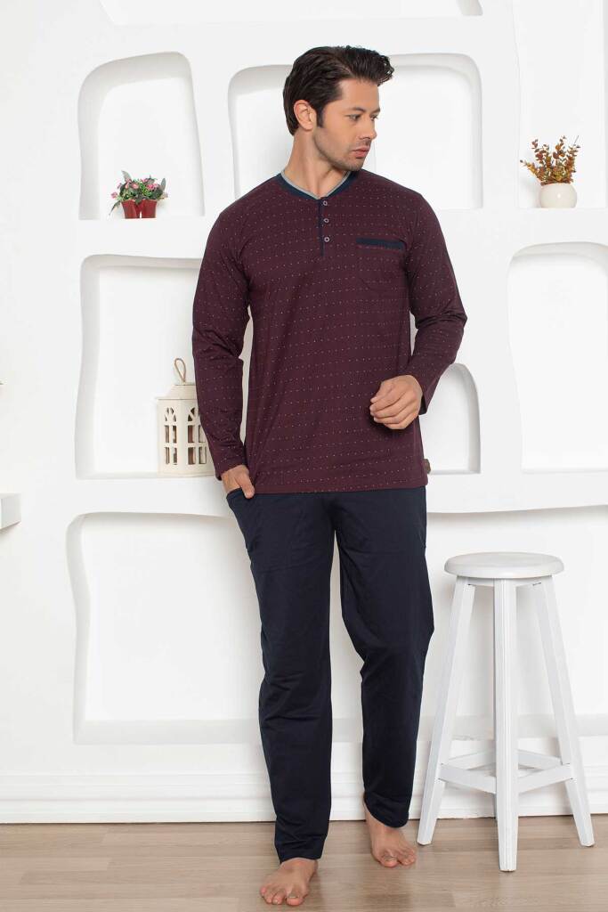 Erkek Pijama Takımı - Bordo Mini Puan Desen Penye Uzun Kollu 1204UY - 1
