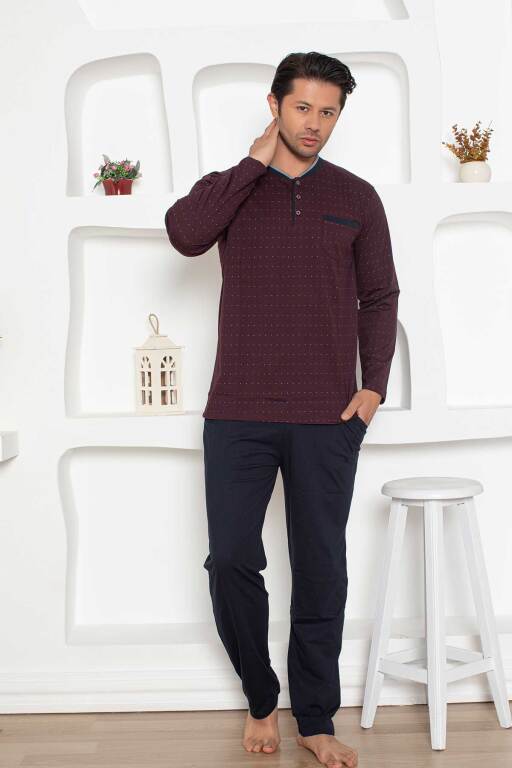 Erkek Pijama Takımı - Bordo Mini Puan Desen Penye Uzun Kollu 1204UY - 2