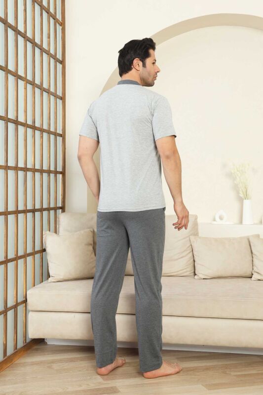 Erkek Pijama Takımı - Gri Arma Nakışlı Kısa Kollu Penye 1187KY - 4