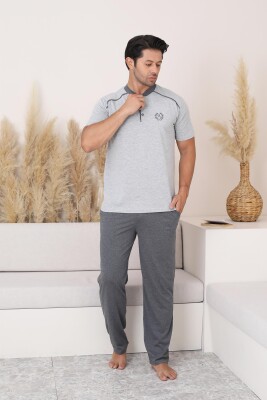 Erkek Pijama Takımı - Gri Arma Nakışlı Kısa Kollu Penye 1187KY - 2
