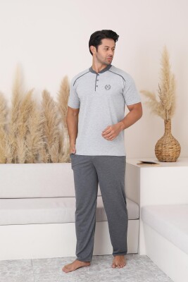 Erkek Pijama Takımı - Gri Arma Nakışlı Kısa Kollu Penye 1187KY - 3