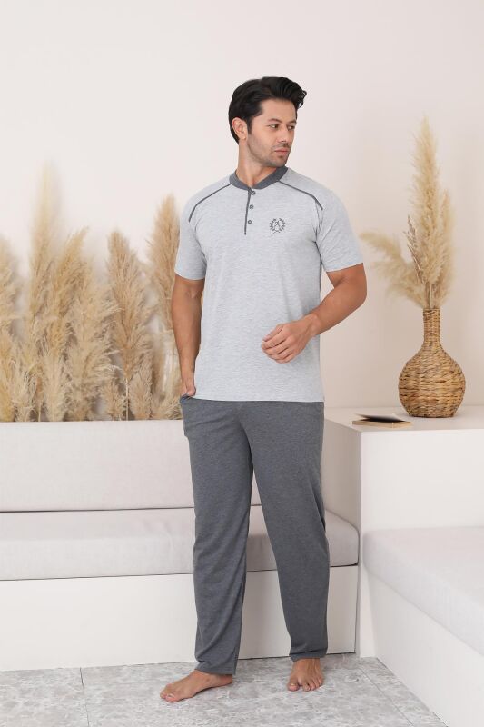 Erkek Pijama Takımı - Gri Arma Nakışlı Kısa Kollu Penye 1187KY - 3