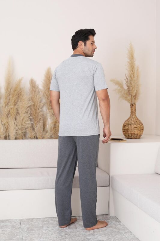 Erkek Pijama Takımı - Gri Arma Nakışlı Kısa Kollu Penye 1187KY - 5