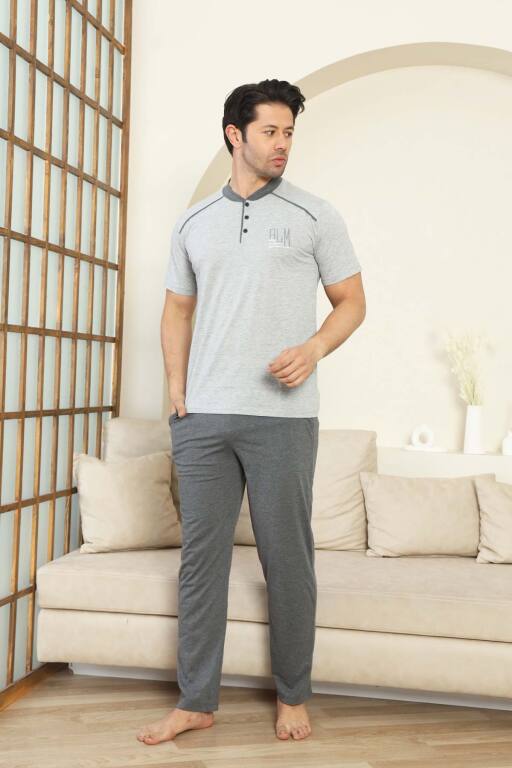 Erkek Pijama Takımı - Gri Arma Nakışlı Kısa Kollu Penye 1187KY - Alimer