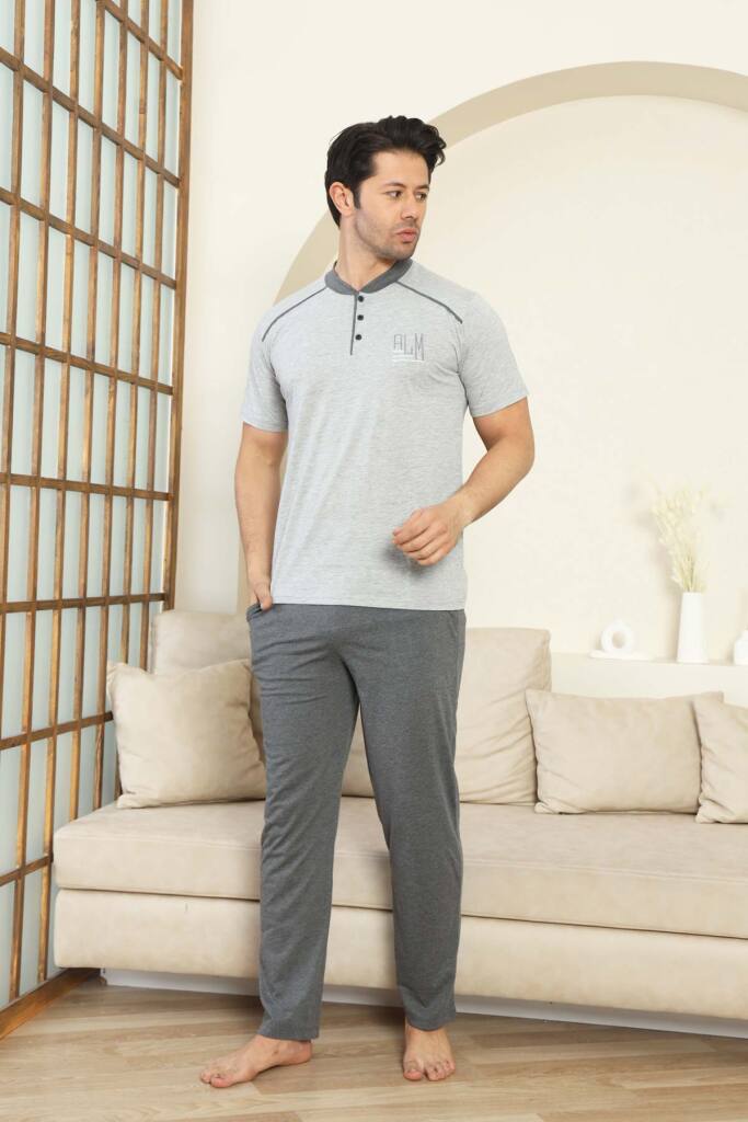 Erkek Pijama Takımı - Gri Arma Nakışlı Kısa Kollu Penye 1187KY - 1