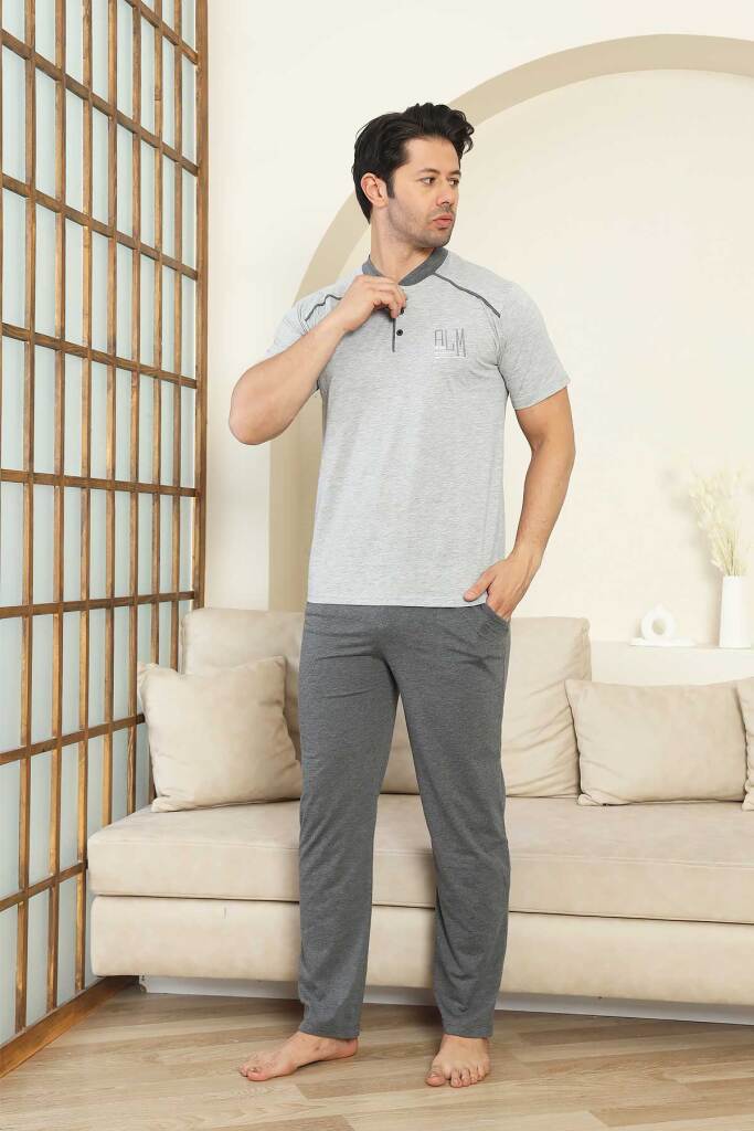 Erkek Pijama Takımı - Gri Arma Nakışlı Kısa Kollu Penye 1187KY - 2