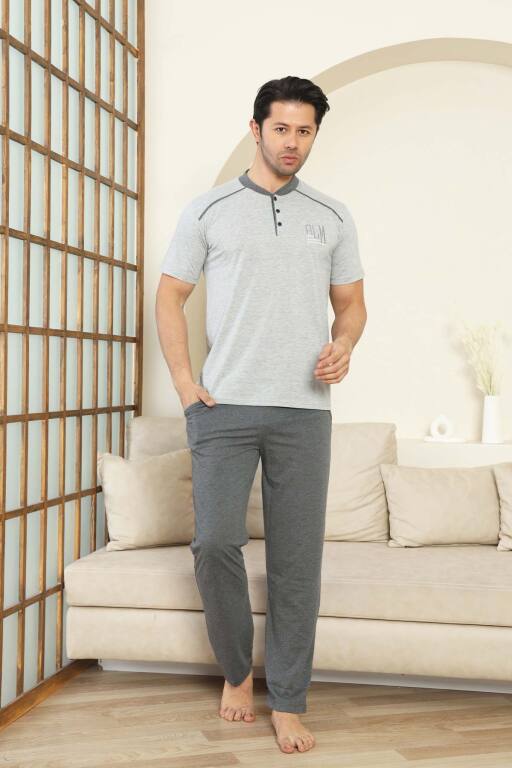 Erkek Pijama Takımı - Gri Arma Nakışlı Kısa Kollu Penye 1187KY - 3