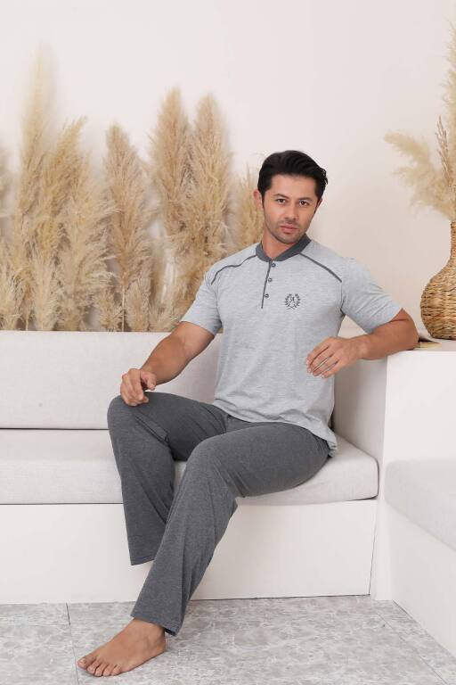 Erkek Pijama Takımı - Gri Arma Nakışlı Kısa Kollu Penye 1187KY - 4