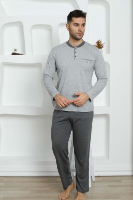 Erkek Pijama Takımı - Gri Arma Nakışlı Likralı Uzun Kollu Penye 1194UY - 1