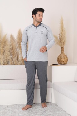 Erkek Pijama Takımı - Gri Arma Nakışlı Uzun Kollu Penye 1187UY - Alimer