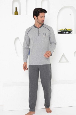 Erkek Pijama Takımı - Gri Arma Nakışlı Uzun Kollu Penye 1187UY - Alimer