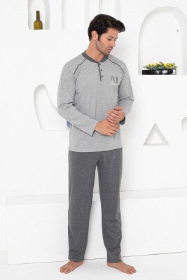 Erkek Pijama Takımı - Gri Arma Nakışlı Uzun Kollu Penye 1187UY - Alimer (1)