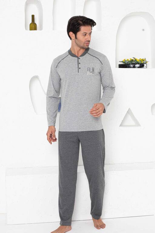 Erkek Pijama Takımı - Gri Arma Nakışlı Uzun Kollu Penye 1187UY - Alimer