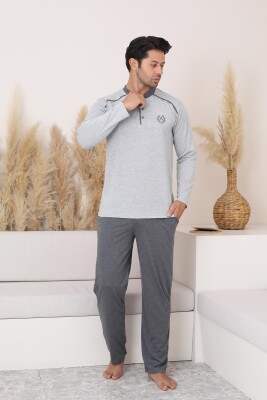 Erkek Pijama Takımı - Gri Arma Nakışlı Uzun Kollu Penye 1187UY - 2