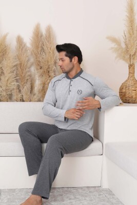 Erkek Pijama Takımı - Gri Arma Nakışlı Uzun Kollu Penye 1187UY - 3