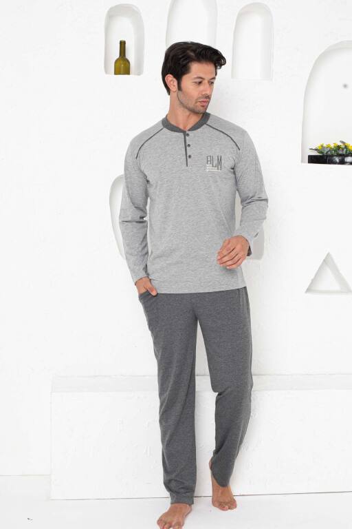 Erkek Pijama Takımı - Gri Arma Nakışlı Uzun Kollu Penye 1187UY - Alimer (1)