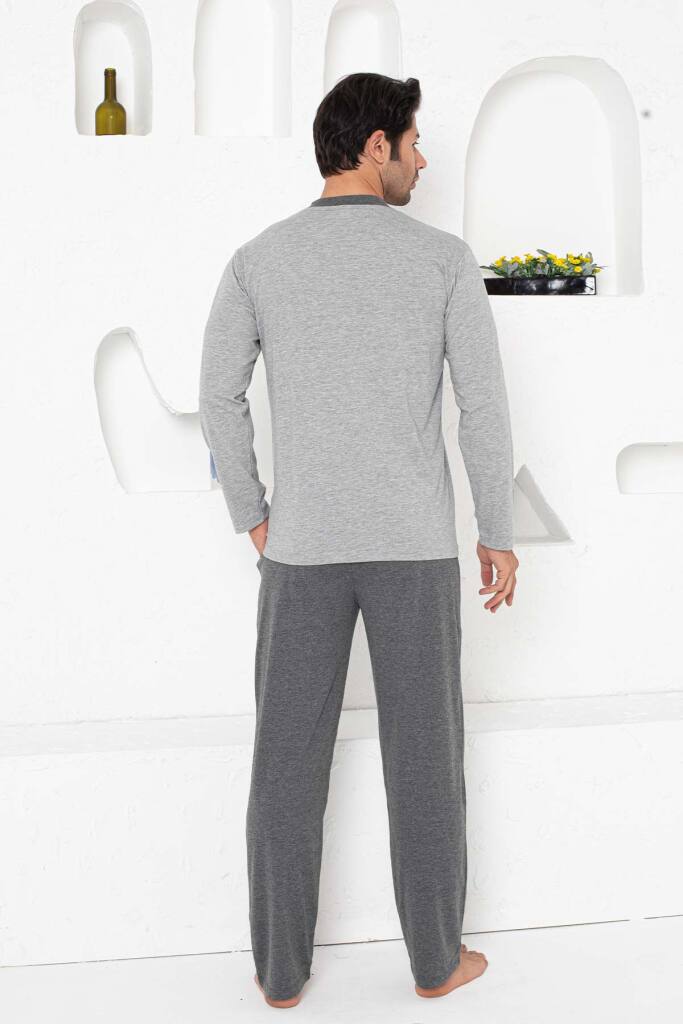 Erkek Pijama Takımı - Gri Arma Nakışlı Uzun Kollu Penye 1187UY - 3