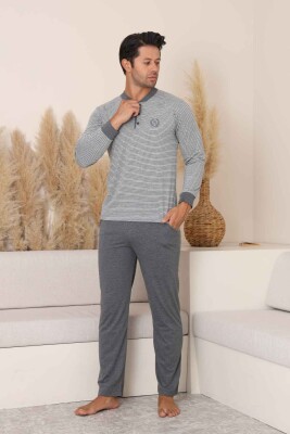 Erkek Pijama Takımı - Gri Çizgili Arma Nakışlı Likralı Uzun Kollu Penye 1219UY - Alimer (1)