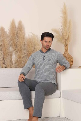 Erkek Pijama Takımı - Gri Çizgili Arma Nakışlı Likralı Uzun Kollu Penye 1219UY - 4