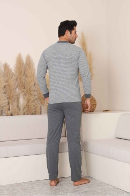 Erkek Pijama Takımı - Gri Çizgili Arma Nakışlı Likralı Uzun Kollu Penye 1219UY - 5