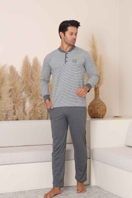 Erkek Pijama Takımı - Gri Çizgili Arma Nakışlı Likralı Uzun Kollu Penye 1219UY - 1
