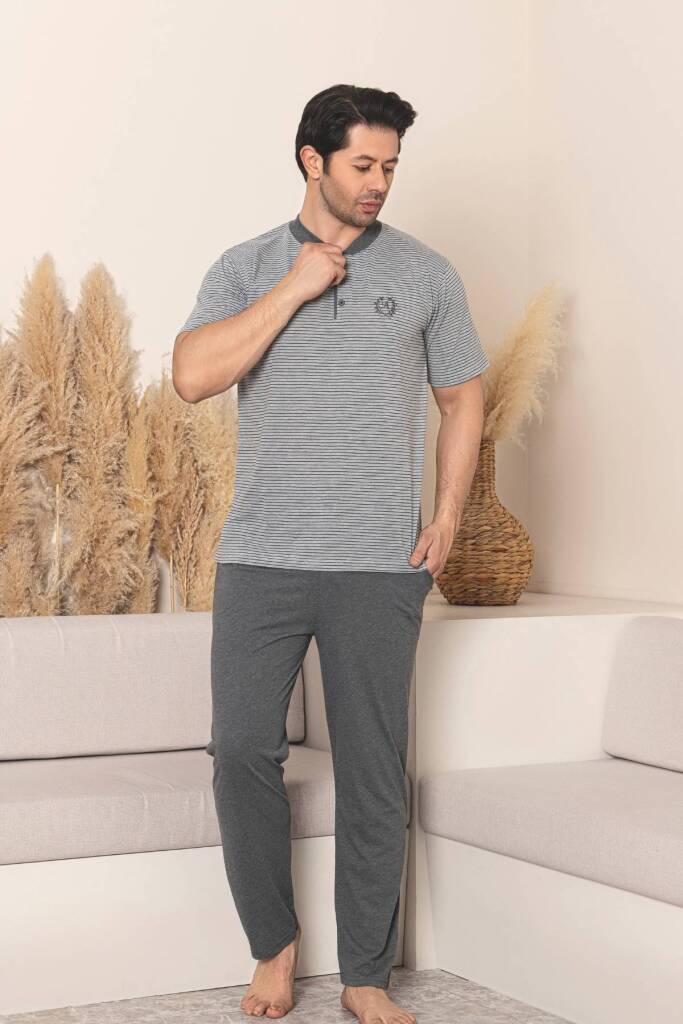Erkek Pijama Takımı - Gri Çizgili Kısa Kollu Penye 1219KY - 1