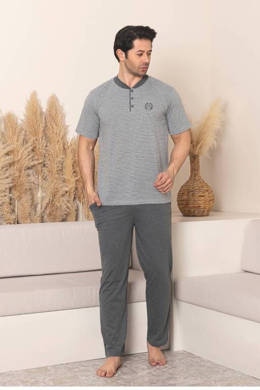 Erkek Pijama Takımı - Gri Çizgili Kısa Kollu Penye 1219KY - 3