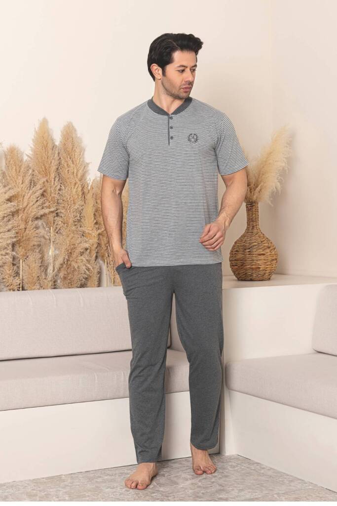 Erkek Pijama Takımı - Gri Çizgili Kısa Kollu Penye 1219KY - 3