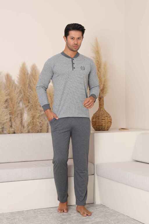 Erkek Pijama Takımı - Gri Çizgili Uzun Kollu Penye 1219UY - Alimer