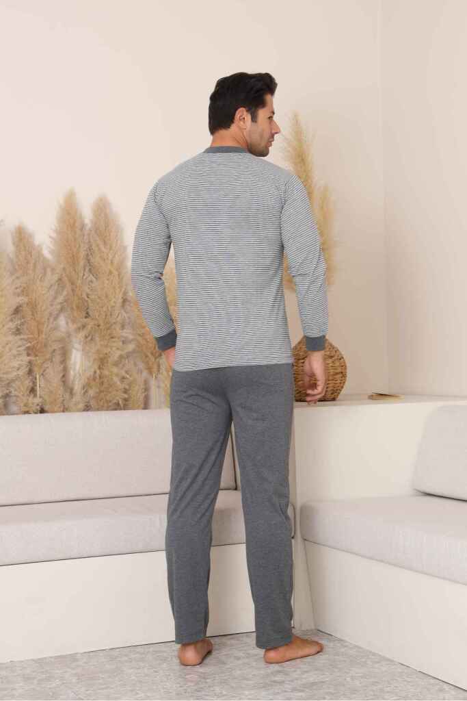 Erkek Pijama Takımı - Gri Çizgili Uzun Kollu Penye 1219UY - 4