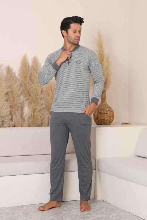 Erkek Pijama Takımı - Gri Çizgili Uzun Kollu Penye 1219UY - Alimer (1)