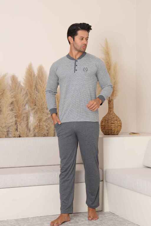 Erkek Pijama Takımı - Gri Çizgili Uzun Kollu Penye 1219UY - 3