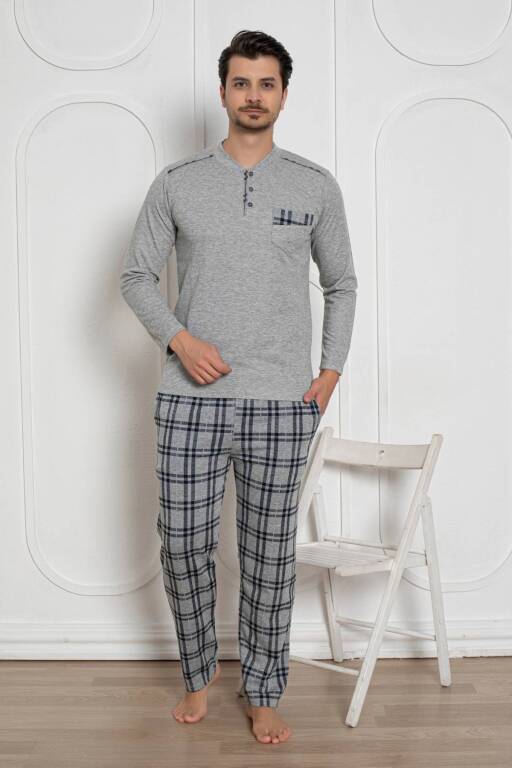 Erkek Pijama Takımı - Gri Kışlık Şardonlu Jakarlı Kumaş 1211UK - 4