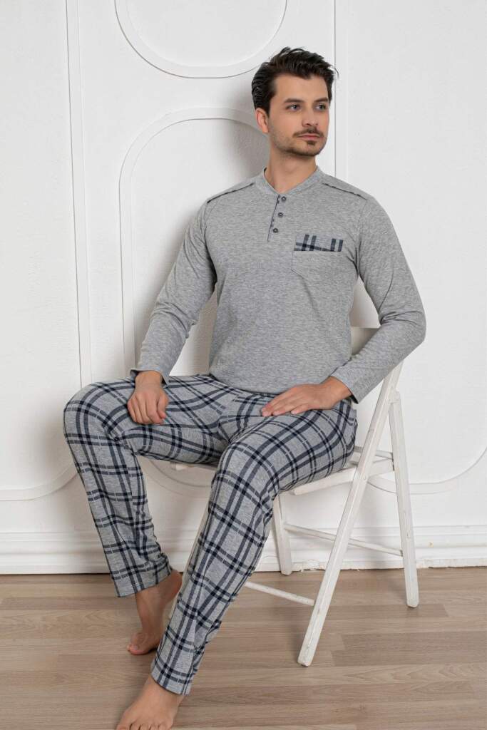 Erkek Pijama Takımı - Gri Kışlık Şardonlu Jakarlı Kumaş 1211UK - 2