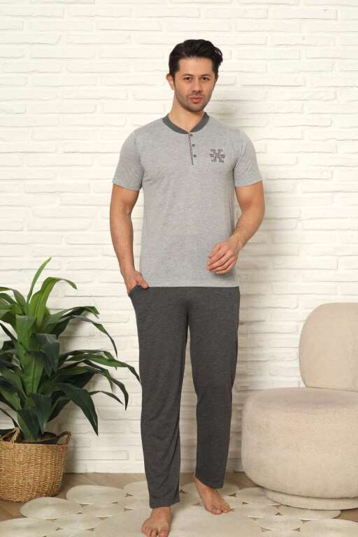 Erkek Pijama Takımı - Gri Nakışlı Kısa Kollu Penye 1102KY - Alimer