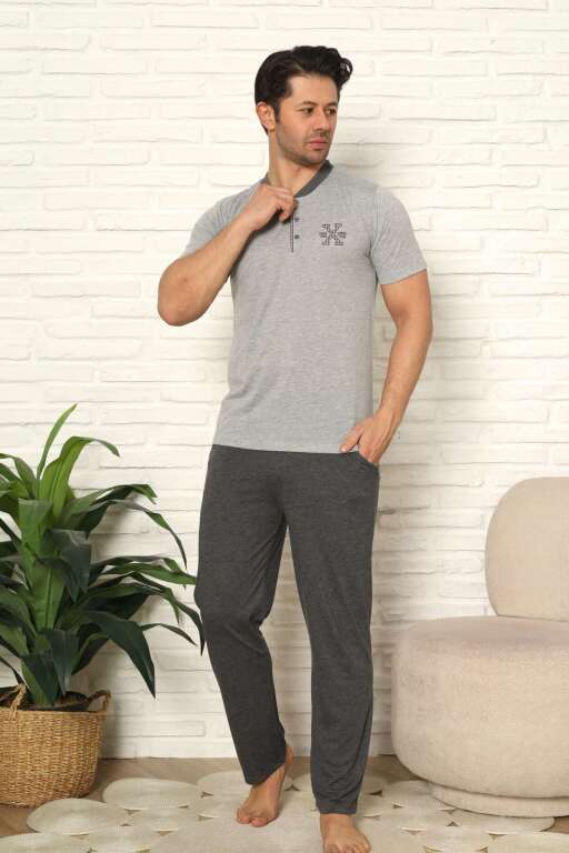 Erkek Pijama Takımı - Gri Nakışlı Kısa Kollu Penye 1102KY - 3