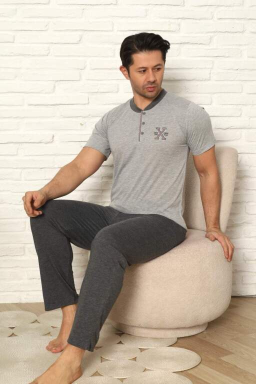 Erkek Pijama Takımı - Gri Nakışlı Kısa Kollu Penye 1102KY - Alimer (1)