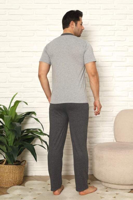 Erkek Pijama Takımı - Gri Nakışlı Kısa Kollu Penye 1102KY - 4