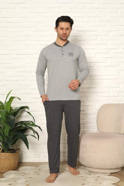 Erkek Pijama Takımı - Gri Nakışlı Uzun Kollu Penye 1102UY - Alimer